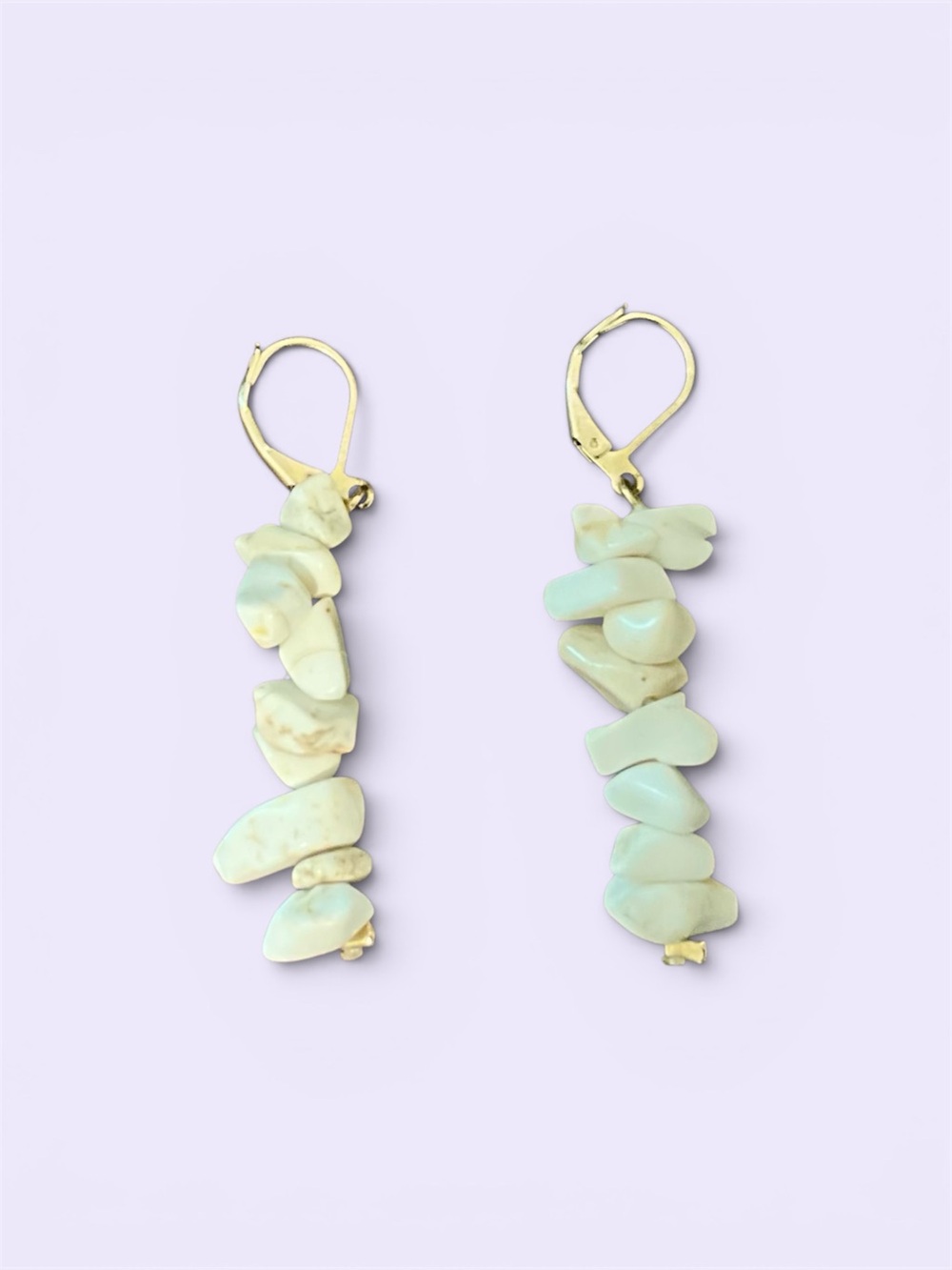 Gold Colored Leverback Earrings with Pale White Stone Chips